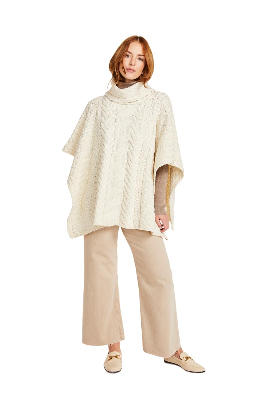 Aran Woollen Mills Super Soft Merino Wool Cowlneck Poncho Classic Aran - One Size