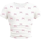 RoseSeek Girl's Graphic Tee Crew Neck Letter Bow Print Crop Tops Casual Cute Short Sleeve T Shirt