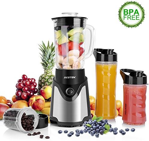 Blender, BESTEK Leakproof 4 in 1 Mini Multifunctional Smoothie Maker, Juicer & Grinder, 600ml Glass Jug and 3 BPA-Free Bottles (300W, Black)