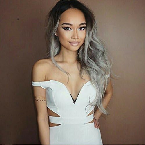 Lanting Ombre Two Tone Color Lace Front Wig Long Natural Wavy Soft Fiber Hair #1B/Gray Glueless Synthetic Wigs For Women Heat Resisitant 24Inch