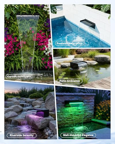 POPOSOAP 8" Pond Waterfall Spillway Filter Kit, 304 Stainless Steel Water Blade Weir with 7-Colour LED Lights & Remote, Quiet Pump, 9.84ft Hose for Garden Pond Water Feature