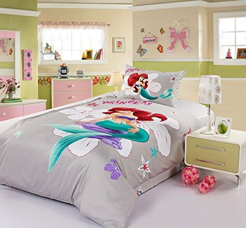 Sisbay Little Mermaid Princess Bedding,Sea-maid Girls Cartoon Print Duvet Cover,Kids Queen Size Bed Fitted Sheet,4PC