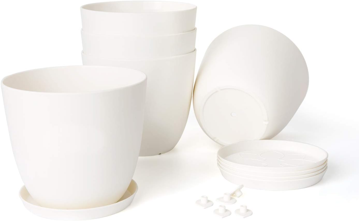 Mkono Plastic Planters with Saucers, Indoor Set of 5 Flower Plant Pots Modern Decorative Gardening Pot with Drainage for All House Plants, Herbs, Foliage Plant, and Seeding Nursery, Cream White, 6.5": Garden & Outdoor