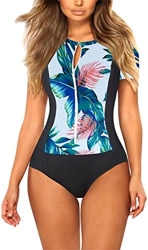 Viottis Women's Floral Zip-up Short Sleeve Pad One-Piece Swimsuit Rash Guard Surf Suit