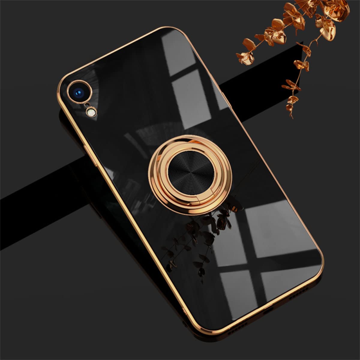EYZUTAK Electroplated Magnetic Ring Holder Case for iPhone XR, 360 Degree with Rotation Metal Finger Ring Holder Magnet Car Holder Soft Silicone Shockproof Cover for iPhone XR - Black