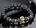 Flongo Men's Tribal 8mm Alloy Gold Skull Head Black Lava Rock Buddha Mala Beads Bracelet Link Wrist, Diffuser Oil Absorb Bracelet