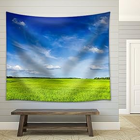 Spring Summer Background - Green Grass Field Meadow Scenery lanscape with Blue Sky - Fabric Wall Tapestry Home Decor - 51x60 inches