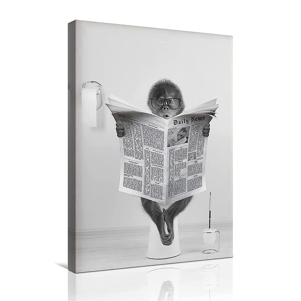 LPFNSF Bathroom Animal Pictures, Black and White Animals in The Bathroom, Fun Cow Elephant Art Paintings, Printed Bathroom Decoration Posters, Frameless. (Monkey, 20x30cm*1)