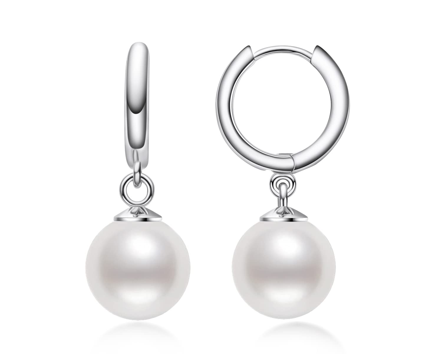 Hoop Huggie Pearl Earrings for Women Sterling Silver Freshwater Cultured Pearl Ladies Silver Earrings Drop Earrings for Women White Gold Valentines Jewelry Gifts for Her Mothers Day Gift for Mom