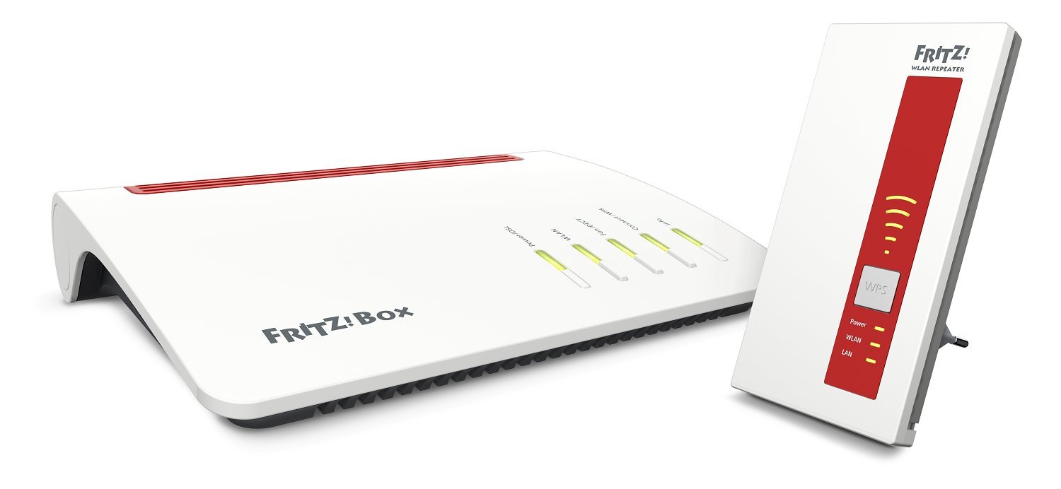 AVM Fritz Mesh Set (mit Fritz Box 7590 und WLAN Repeater 1750E, Dual-WLAN AC bis 1.733 MBit/s (5 GHz) und N bis 800 MBit/s (2,4 GHz), bis 300 Mbit/s durch VDSL-Supervectoring 35b, deutschspr. Version)