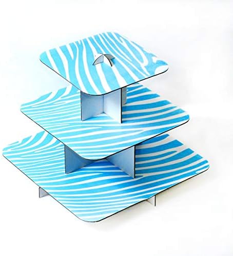Ifavor123 Blue and White Zebra Print 3-Tier Square Cardboard Cupcake Stand Dessert Tower Treat Stacked Pastry Serving Platter Food Display (12" Square, Blue and White)