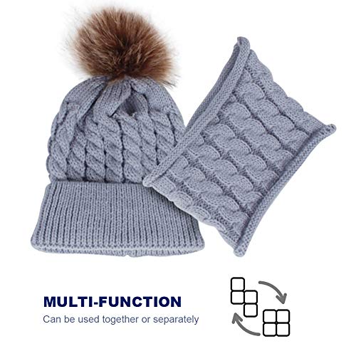 Baby Girls Boys Winter Beanie Hat Scarf Set Toddler Warm Knitted Hats Circle Scarf for Infant Newborn Winter Pom Hat Grey