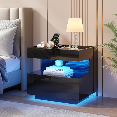 Modern Night Stand with 2 Drawers, Bedside Table with Charger Station, LED Nightstand with Lights & Human Sensor, Smart End Table for Bedroom, Black