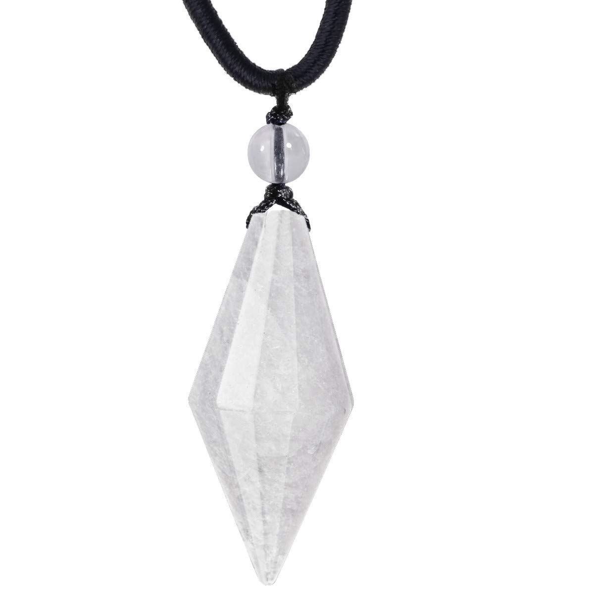 mookaitedecor Natural White Clear Quartz Crystal Point Pendant Necklace for Women Men, Chakra Reiki Healing Protection Crystal Necklace Pendulum Necklace Black Cord Semi Precious Stone Jewellery Gift