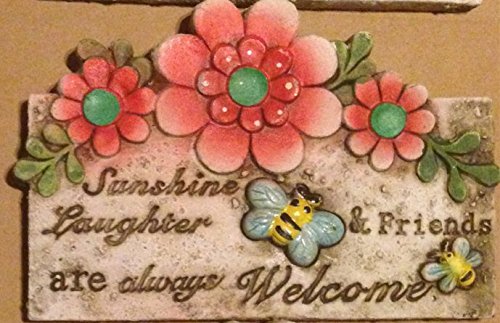 Rustic Like Concrete Hanging Wall Plaque With inspirational message and Red Flowers “Sunshine, laughter & Friends are always Welcome”