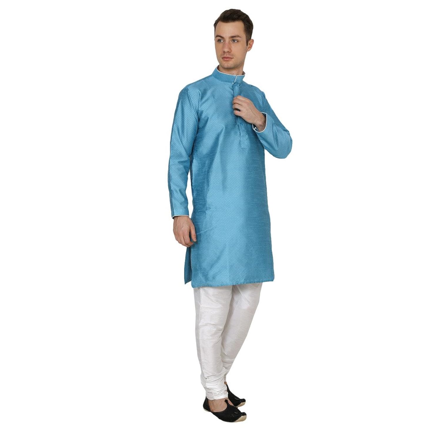 royal kurta men's self jacquard silk contrast piping kurta churidar