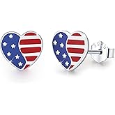 CUOKA MIRACLE 925 Sterling Silver Heart-Shaped American Flag Earrings - Patriotic Earrings for Men & Women - Independence Day Jewelry