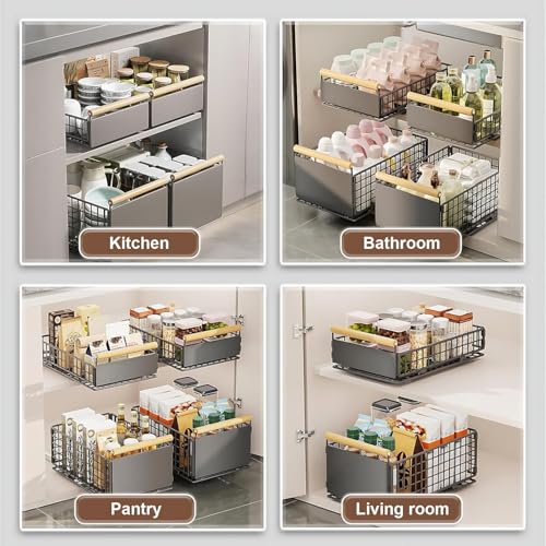 Pull-Out Cabinet Organizer, No-Drill Slide-Out Drawer with Adhesive Nano Film, Kitchen Cabinet Shelf Organizer, Under-Sink and Pantry Storage Shelf for Kitchen and Bathroom (White, 39x25x4cm)