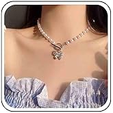 Allereyae Vintage Crystal Butterfly Pendant Necklace Rhinestone Butterfly Pearl Choker Necklace Cubic Butterfly Pearl Necklace Pearl OT Toggle Clasp Necklace Jewelry for Women
