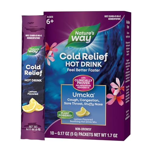 Nature's Way Cold Relief Hot Drink, Umcka, Homeopathic, Clinically Proven Pelargonium Sidoides 1X, for Cough, Congestion, Sore Throat, Stuffy Nose, Lemon Flavored, 10 Packets (Packaging May Vary)