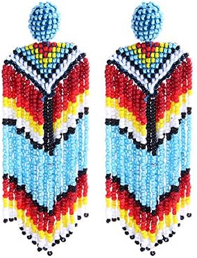 Beaded Earrings Oversized Handmade Seed Beaded Drop Earrings Long Beaded Navajo Indian Dangle Earrings for Women Ladies