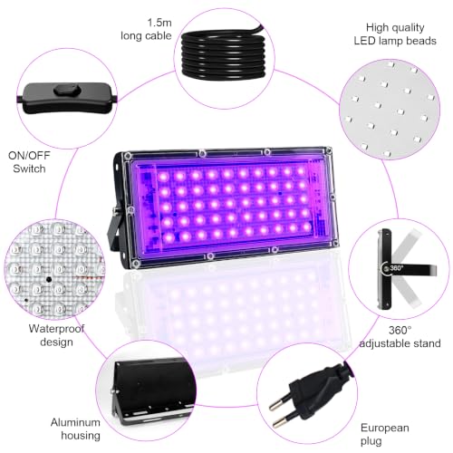 CREATESTAR LED Luce Nera 50W, Faro UV LED IP65 Impermeabile Faretto con 1,5m Spina, Lampada per Discoteca Festa Glow Acquario Bar Poster Fluorescente Halloween (1)