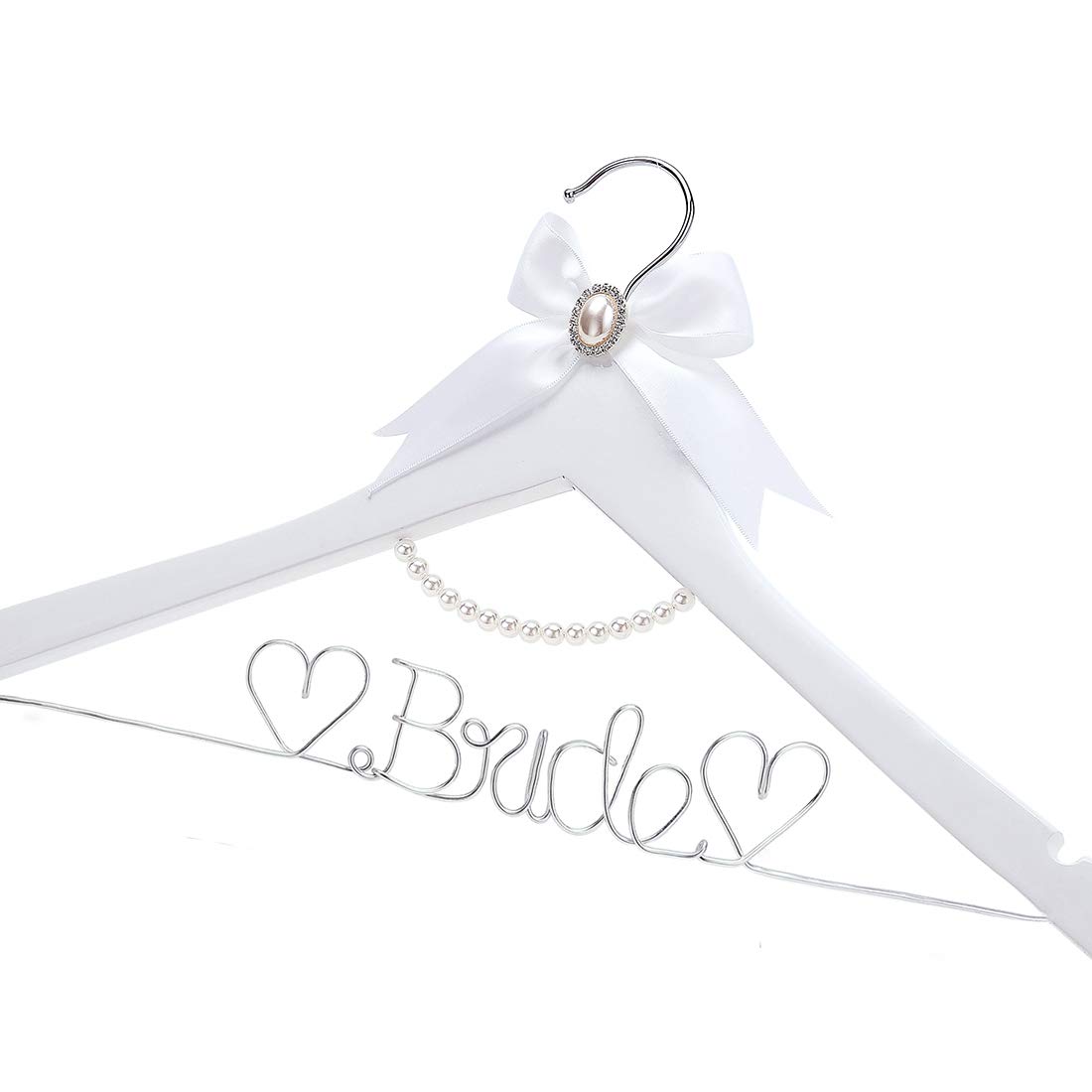 Photo 1 of HUIDIAN White Solid Wood Bridal Dress Hanger with Bridal Wire Lettering for Bridal Wedding Party Gift (White Hanger Silver Thread and Pearl Chain)