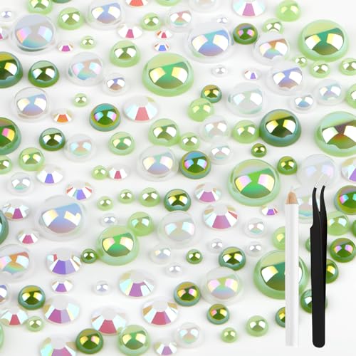 AOOTE 50g Mix Flat Back Pearls and Rhinestones, Mixed Size 3mm-10mm Mix Pearls and Rhinestones for Crafts, Flatback Pearl with Tweezers and a Dotting Pen for DIY Nails Mugs Art Shoes Clothe, Green