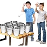 Gamie Bucket Ping Pong Ball Game Includes 9 Metal Buckets, 12 Balls, and 1 Number Sticker Sheet | Fun Party Activity for Kids and Adults/Great Gift Idea for Kids