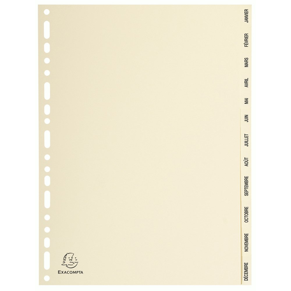 Exacompta - Ref. 1212E - Dividers in FSC® 155g/m2 ivory card with 12 monthly printed tabs from January to December - Format to file A4 - Dimensions 22.5 x 29.7 cm - ivory colour