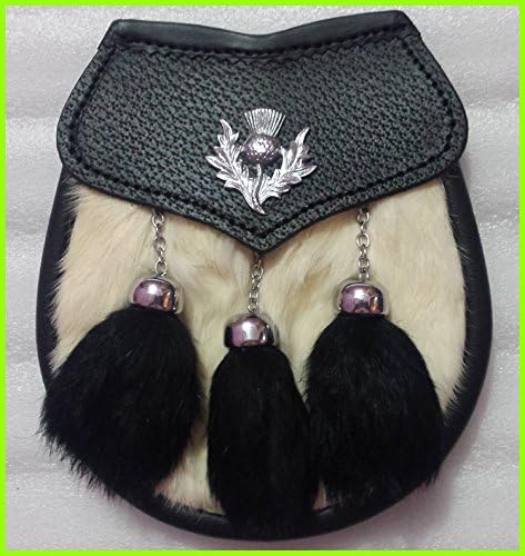 Men's Scottis White Rabbit Fur Leather Kilt Sporrans / Kilt Sporrans With Chain &amp; Belt