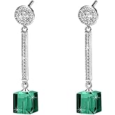 Cube Austrian Crystal Drop Long Dangle Earrings for Women 925 Sterling Silver Post Hypoallergenic Jewelry