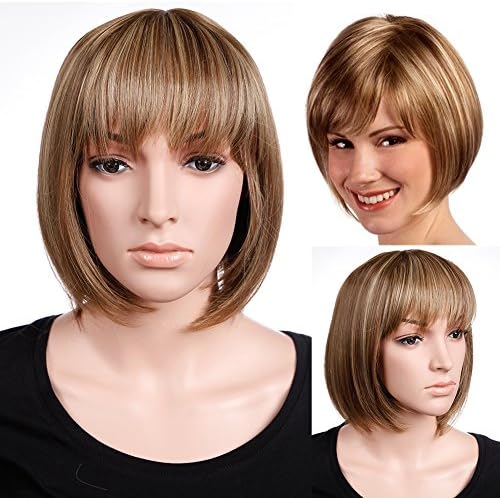 Lady Women's Full Head Bob Haircut Short Hair Wigs Brown/Blonde Mix Heat Resistant Hairpiece by UPS