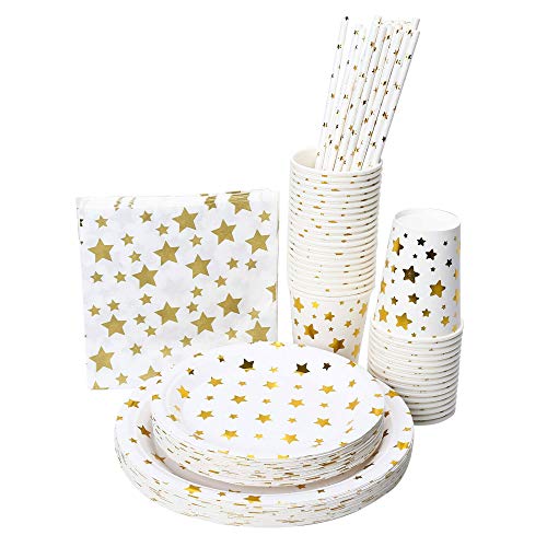 Full Fancy Disposable and Biodegradable Party Set,Paper Plates Two Sizes, Paper Cups, Paper Napkins and Paper Straws - White Color with Gold Stars [for Parties, Dinner or Decorations] - Wise Buy (12)