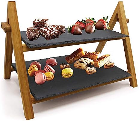 MKYYLV Premium Bamboo Rustic Slate Boards 2 Tier Cake Stand Foldable Rack Food/Tapas/Sushi/Appetiser Dishes Serving Tray Plates Platters