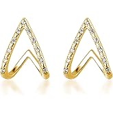 Reffeer Solid 925 Sterling Silver CZ V Cuff Earrings Piercings for Women Teens Claw Huggie Earrings Studs