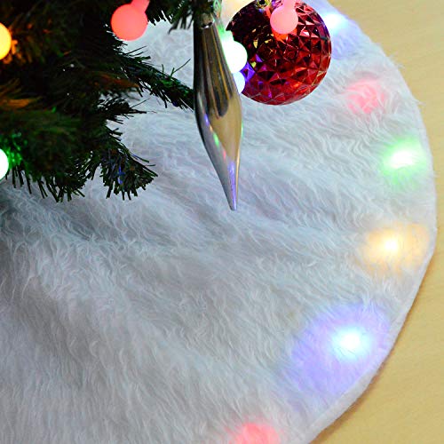 BIGOU Christmas Tree Skirt with LED Light, 30 Inch 2 Modes Snow White Luxury Faux Fur Tree Skirts Base Cover Floor Mat Christmas Lighting Decorations for Xmas Party Holiday Home Garden