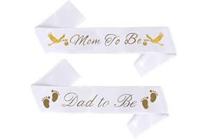 "Mom To Be" & "Dad To Be" Baby Shower Sash Bundle - With Cute Stork Image (White & Gold Lettering) Girl Boy Baby Shower Party