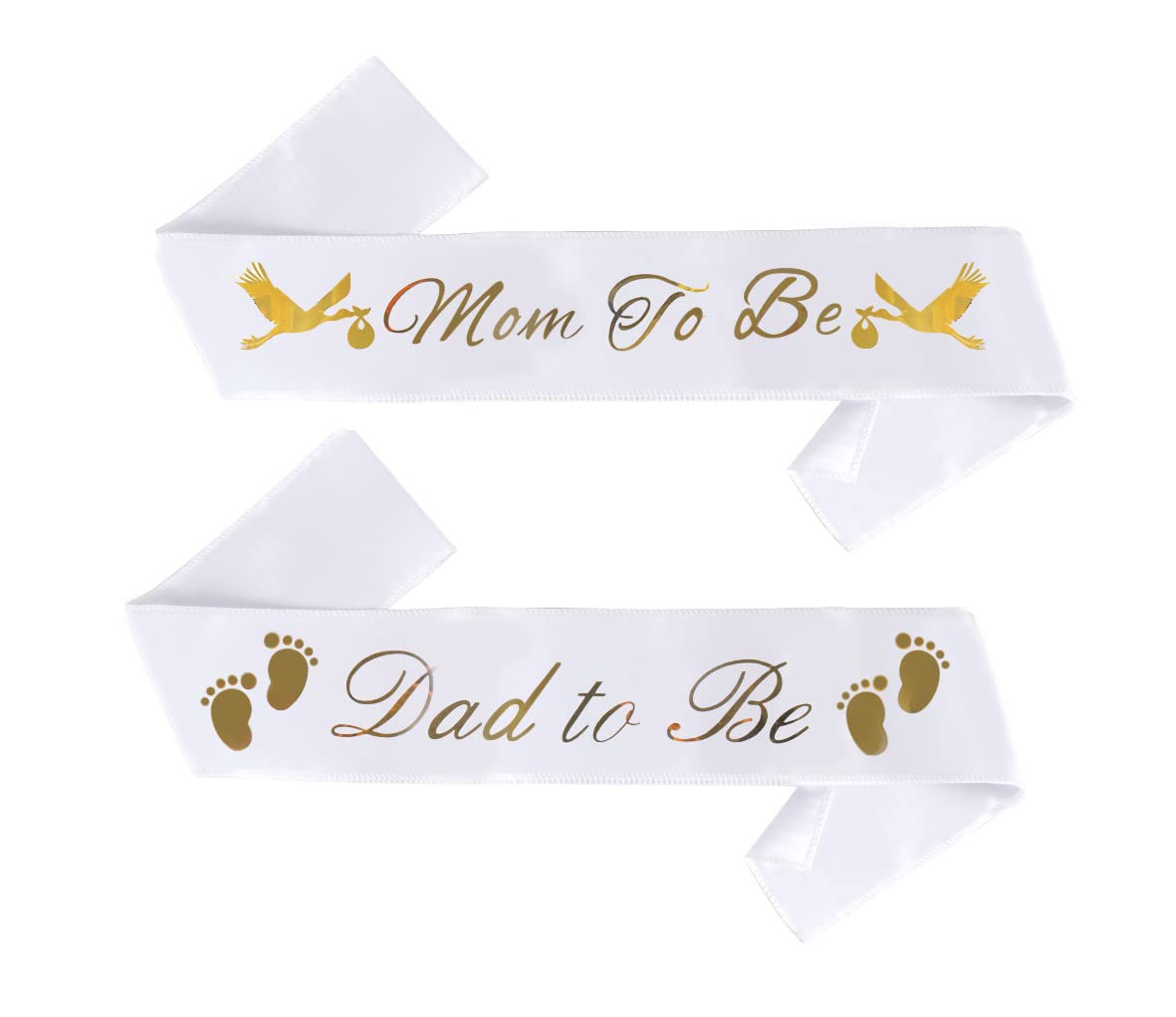 Photo 1 of "Mom To Be" & "Dad To Be" Baby Shower Sash Bundle - With Cute Stork Image (White & Gold Lettering) Girl Boy Baby Shower Party Decorations, Gifts, Favors, Mommy Supplies Gender Reveal (White)