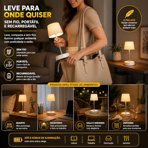 Luminária de Mesa LED Recarregável USB Touch 3 Níveis de Luz Dimerizável Sem Fio Abajur Portátil Retrátil para Quarto, Cabeceira, Estudo e Escritório