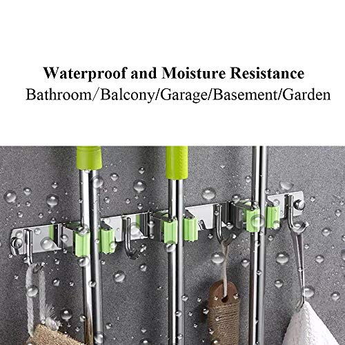 Munto Mop and Broom Holder Wall Mount, Metal Stainless Steel Closet Broom Rack Organizer, Screws or Self Adhesive 3M Tape Mop Utility Hanger, Heavy Duty Storage Tool for Garage and Garden