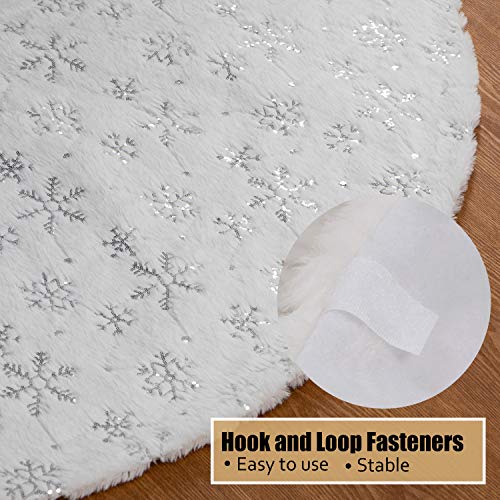 EDLDECCO 48 Inches Christmas Tree Skirt White Luxury Cozy Faux Fur Silver Snowflake Sequin Embroidered Double Layers Handicraft Xmas Decoration Holiday Ornaments