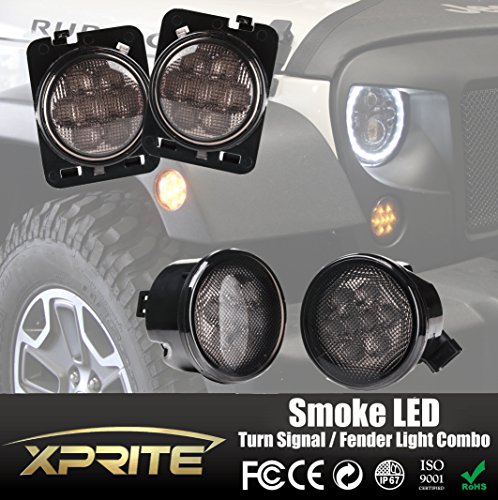 Xprite Smoke Lens Yellow LED Front Replacement Turn Signal Light & Fender Side Marker Light Assembly for 2007-2017 Jeep Wrangler JK JKU