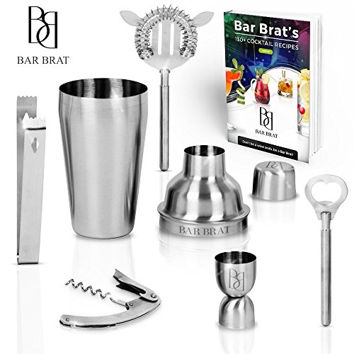 Premium Stainless Steel Bar Set By Bar Brat / 7 Piece Drink Martini Shaker Set / Bonus Jigger & 101 Cocktail Recipes (Ebook) Included (784672909204)
