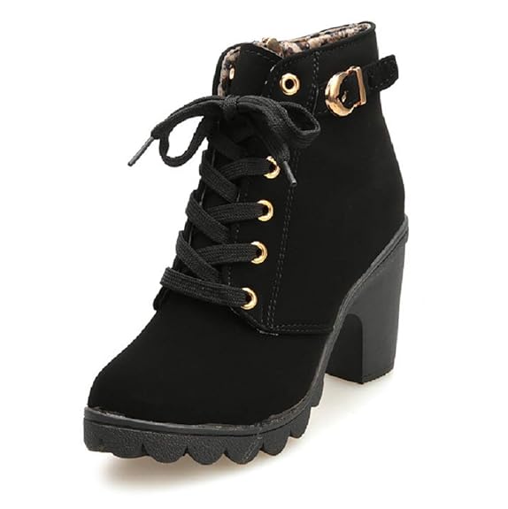 JOYTO Damen Stiefel Mit Absatz Plateau Blockabsatz Kurzschaft Wildleder Gefüttert Stiefeletten 8 cm Schnüren Schnalle Zipper 