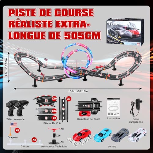 colmanda Circuit Voiture Electrique, Lumineuse Circuit Voiture Enfant 1:64 Piste De Course - 4 LED Voitures, 360° Cercle, Prise, Compteur de Tours, Piste Voiture Enfant 6-12 Ans Jouets Cadeau (L)