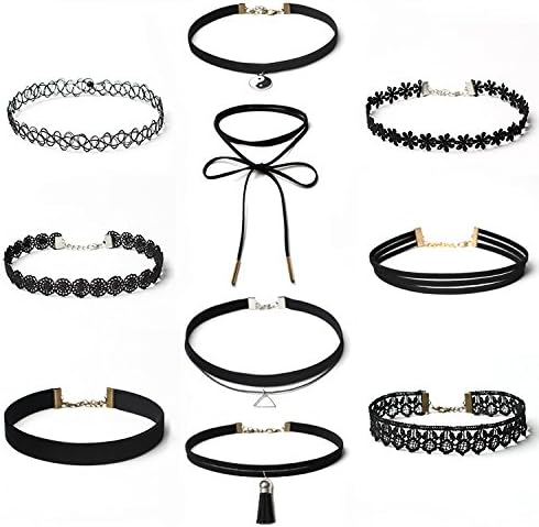 10 Pieces Choker Necklace Set Classic Velvet Stretch Gothic Tattoo Lace with A Stroage Drawstring Bag Length Adjustable for Women Girls, Black