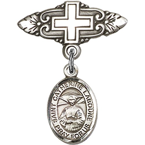 Sterling Silver Baby Badge with St. Catherine Laboure Charm and Badge Pin with Cross 1 X 3/4 inches
