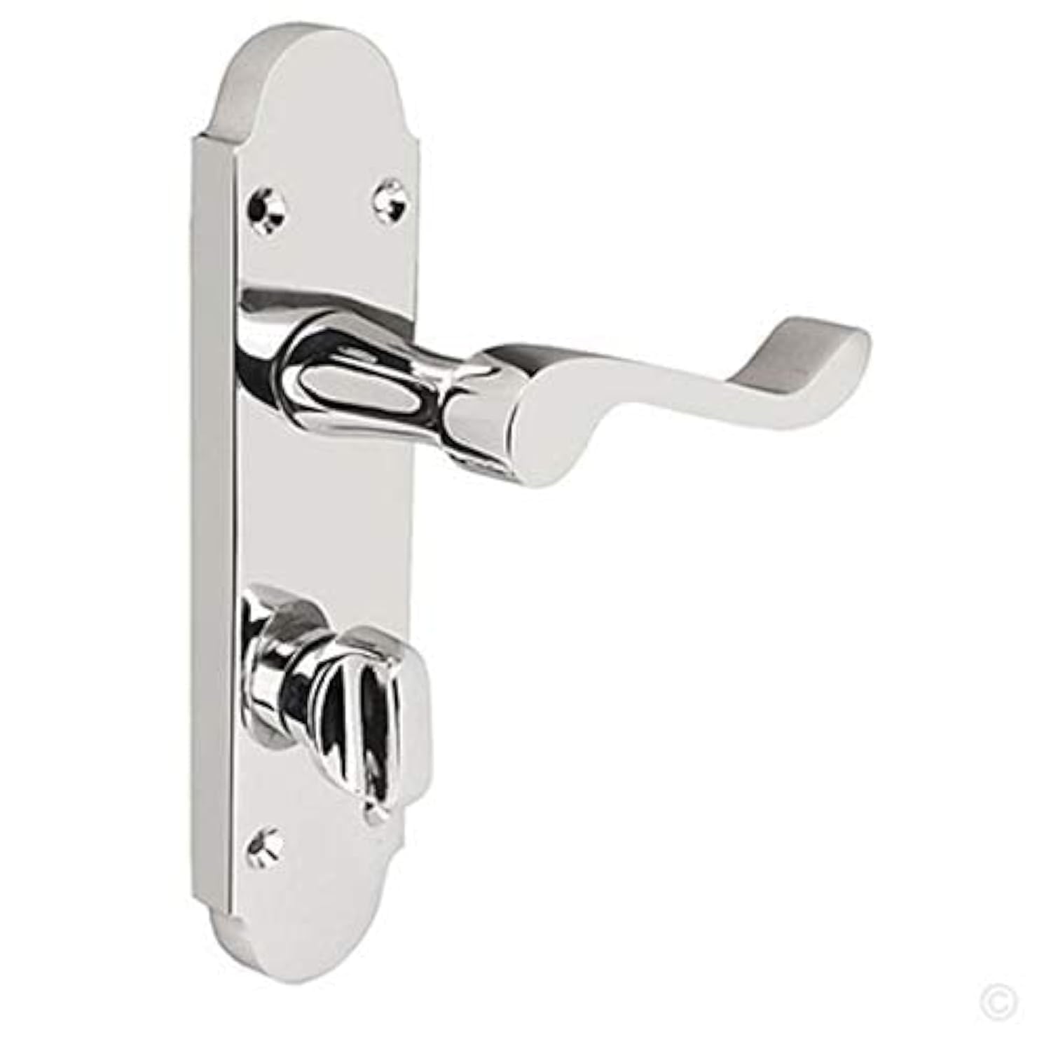 HANDLESTORE Shaped Scroll Bathroom Door Handle with Hinges – Polished Chrome Lever Handles on Backplate with Spindle & Screws (Handles Only)