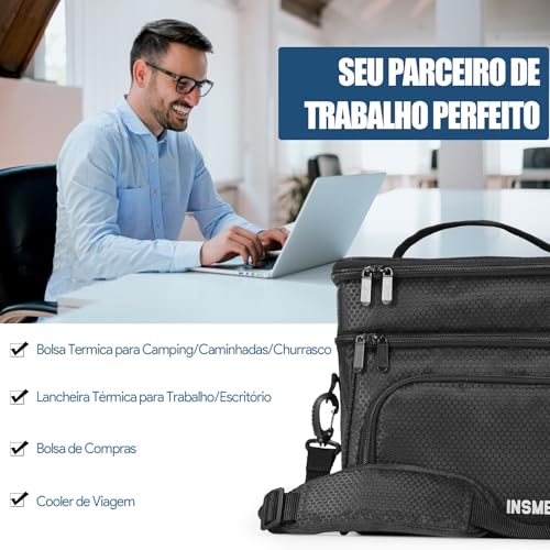 INSMEER Bolsa Térmica Marmita Para Homens, 2 Compartimentos Lancheira Termica Para Adulto Masculina Bolsa Termica De Separado Para Alimentos Quentes E Frios (2 Compartimentos, Preto)